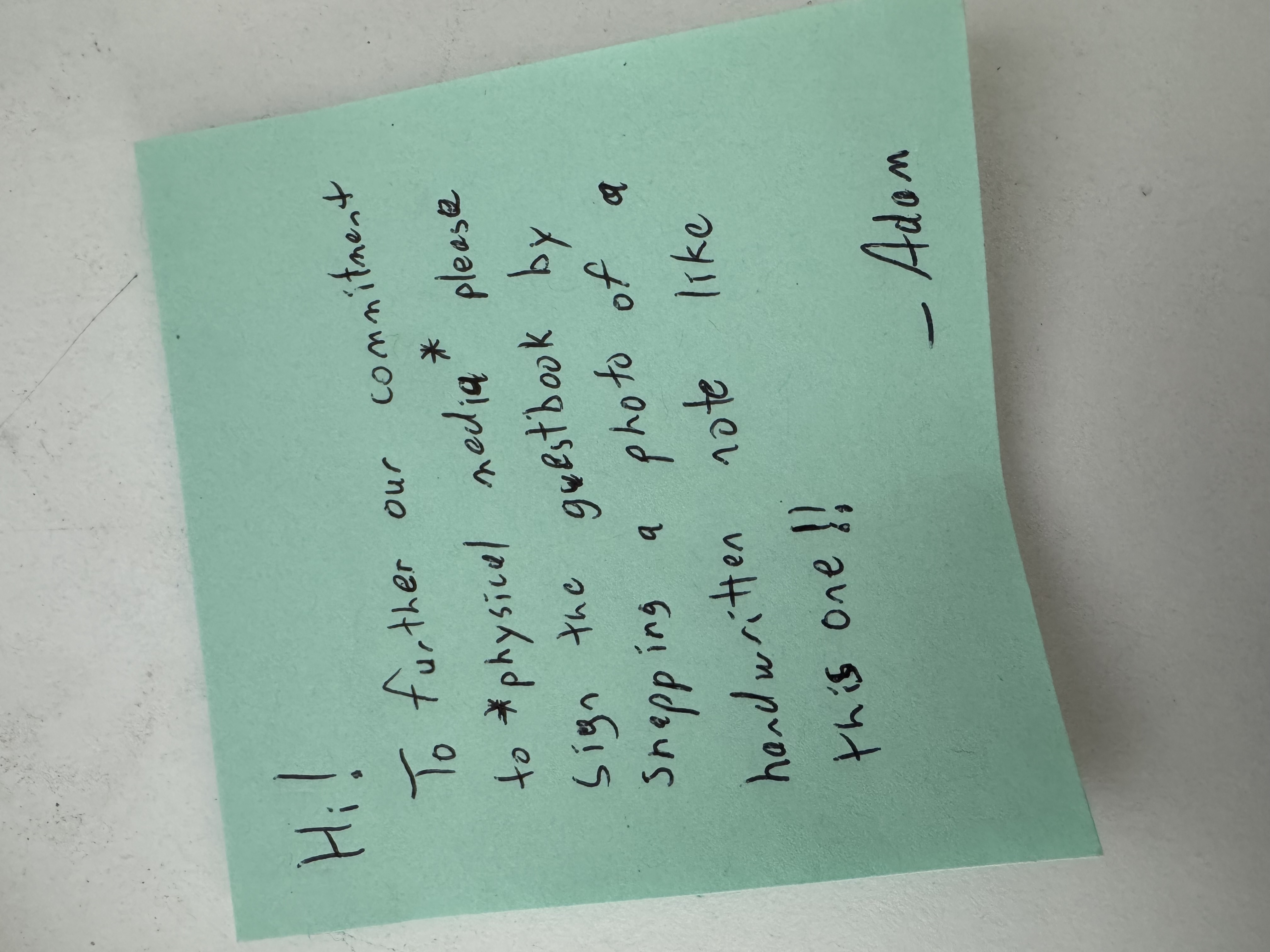 Example handwritten guestbook entry from Adam